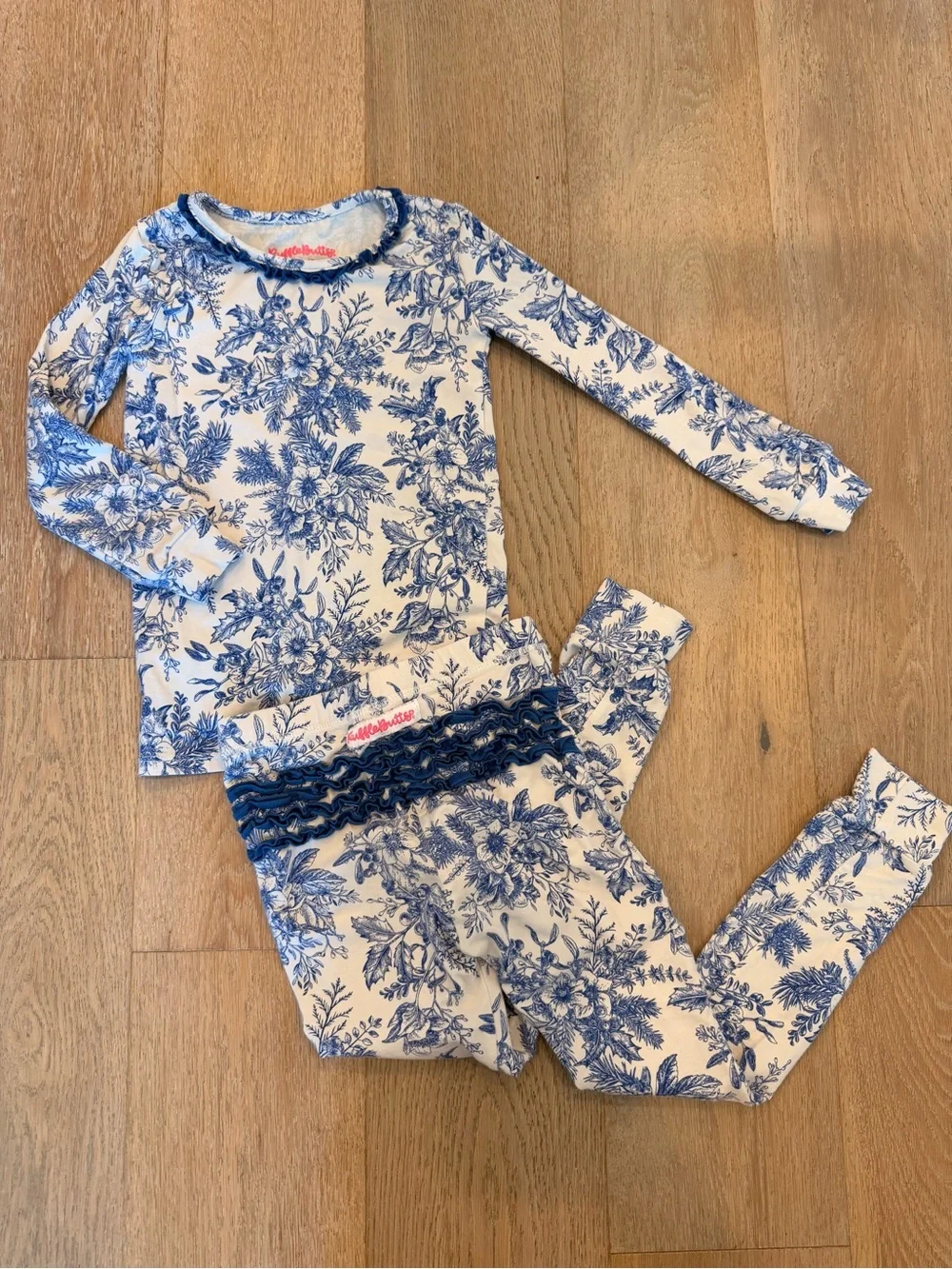 RuffleButts Blue and White Floral Ruffle Pajama Set
